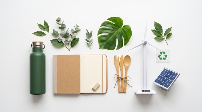 Sustainability, clean flat lay of eco-friendly lifestyle essentials including reusable water bottle, recycled notebook, bamboo utensils, green leaves, recycling symbol