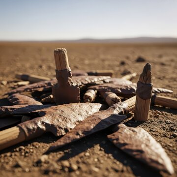 Pile of Crude Iron Arrowheads on Sandy Ground