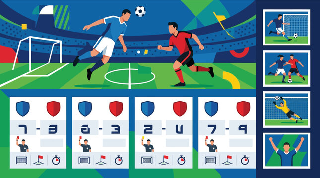 Soccer weekly recap vector illustration with flat design players in action, match results scoreboard, team shields, and game highlights for sports news broadcast template.