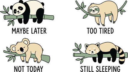 Cute cartoon animals sleeping on tree branches set including panda, sloth, koala, and red panda with funny text captions © Sifat