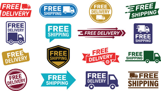 Comprehensive collection of free delivery and free shipping and badges in various colors