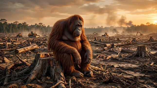 Orangutan sitting on tree stump in deforested landscape at sunset