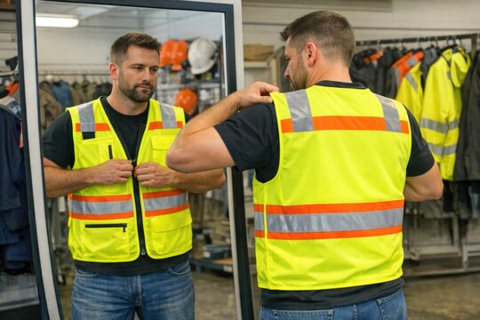 Two workers in safety vests examine their appearance in a mirror, possibly getting ready for work or making sure they look presentable