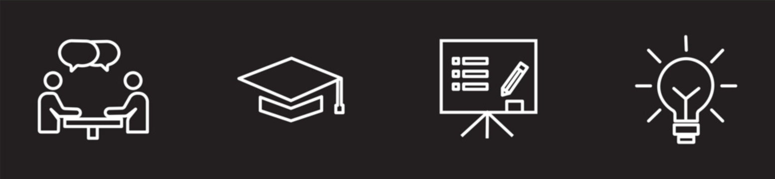 Training and coaching icon set featuring mentor, workshop, online course, and leadership symbols.