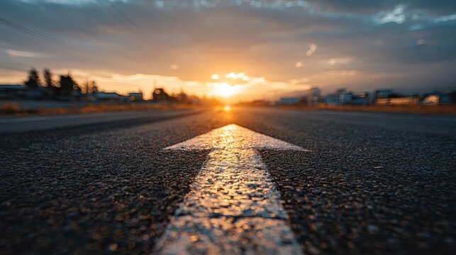 A sunlit asphalt road with a directional arrow pointing towards a vibrant sunset, symbolizing hope and a clear path forward