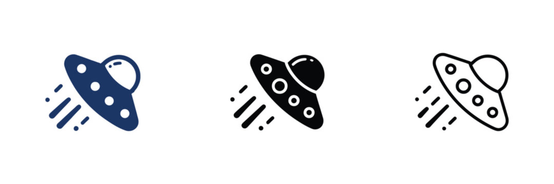 UFO spaceship icons illustrating alien flying saucers in creative blue, solid black silhouette, and minimalist outline styles with clean vector graphics for cosmic, sci-fi, and fantasy concepts.