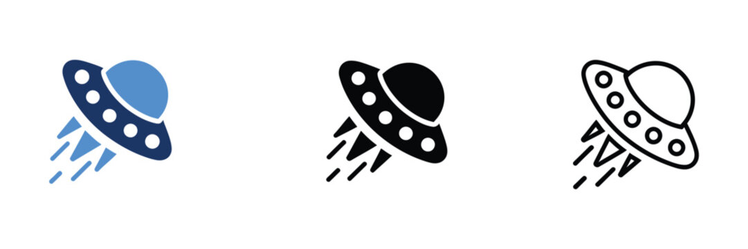 UFO spaceship icons featuring alien flying saucers in blue flat, solid black silhouette, and minimalist outline styles with clean vector graphics for science fiction and space themes.