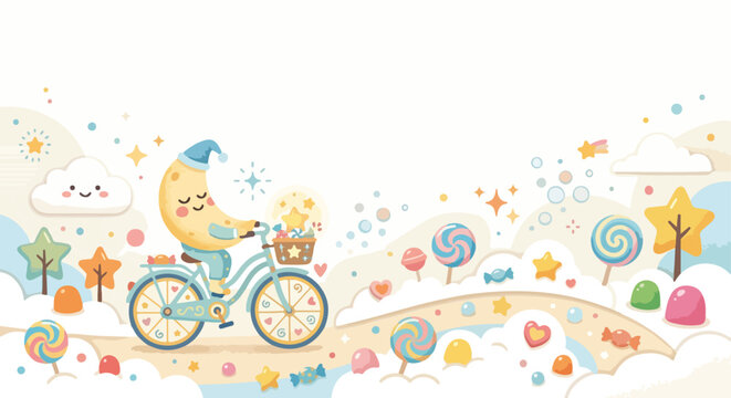 A cute moon character wearing a nightcap rides a bicycle through a magical dreamland filled with clouds, colorful candies, and bright stars.