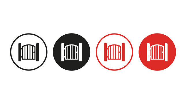 Set of Fence Gate Icons in Black and Red Circular Frames
