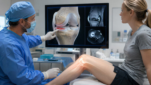 Knee joint lateral meniscus tear clinical procedure concept with arthroscopy treatment, photorealistic medical image for orthopedic education, radiology review, clinic communication, and patient care