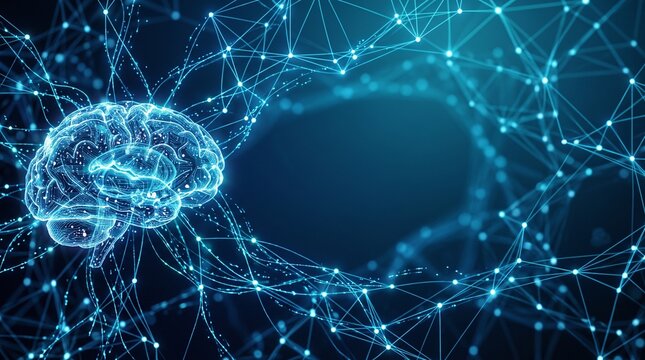 Artificial Intelligence, futuristic AI technology background featuring glowing neural network connections, abstract digital brain, blue and cyan gradient