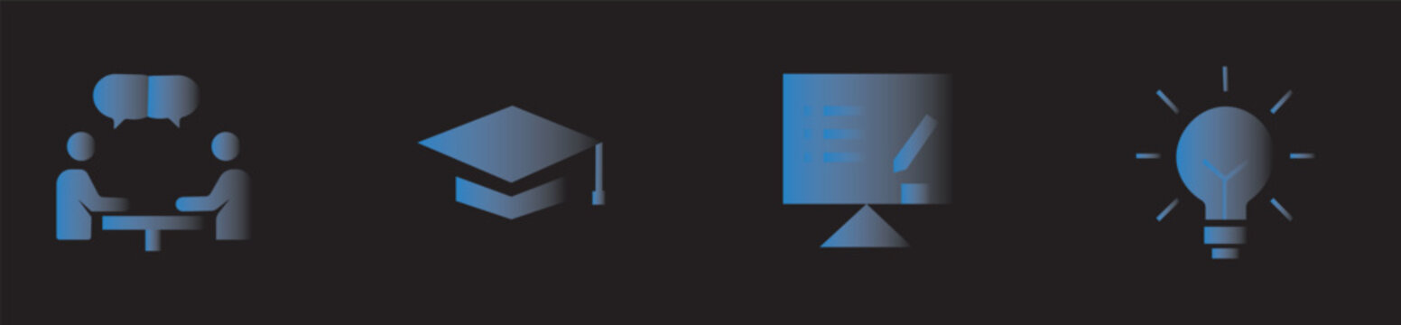 Training and coaching icon set featuring mentor, workshop, online course, and leadership symbols.