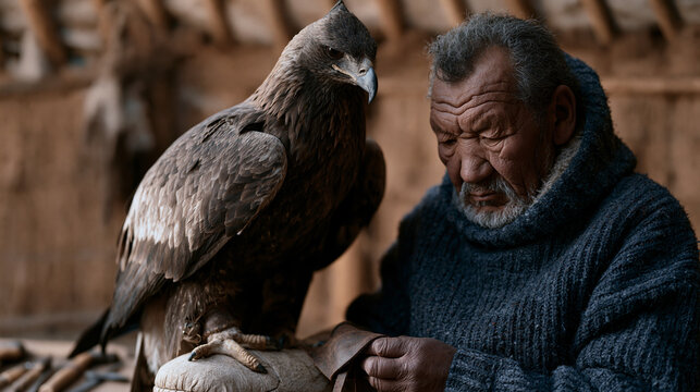 Mongolian eagle hunter repairing leather hood and jesses of a large raptor perched on a padded arm stand inside a yurt, traditional falconry tools nearby, Central Asian heritage