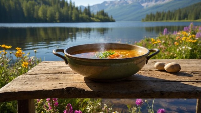 Freshly cooked soup steaming in a rustic pot on a wooden table by a serene lake surrounded by mountains