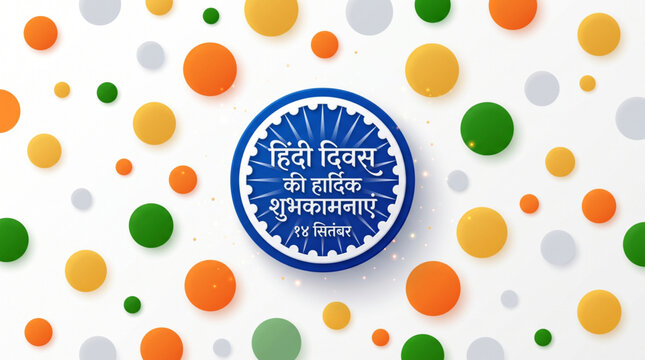 Hindi Diwas Celebration Badge with Ashoka Chakra and Tricolor Confetti Background Design