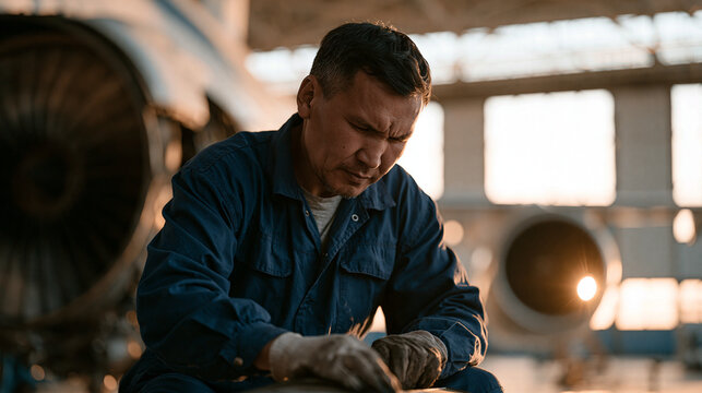 Mongolian aircraft maintenance technician in wide hangar bay inspecting turbine engine components at dawn golden hour light streaming through industrial doors aviation safety