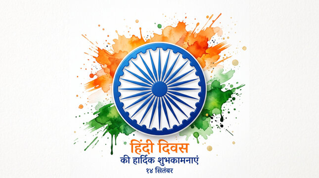 Hindi Diwas Poster with Ashoka Chakra and Tricolor Watercolor Splash Background Design
