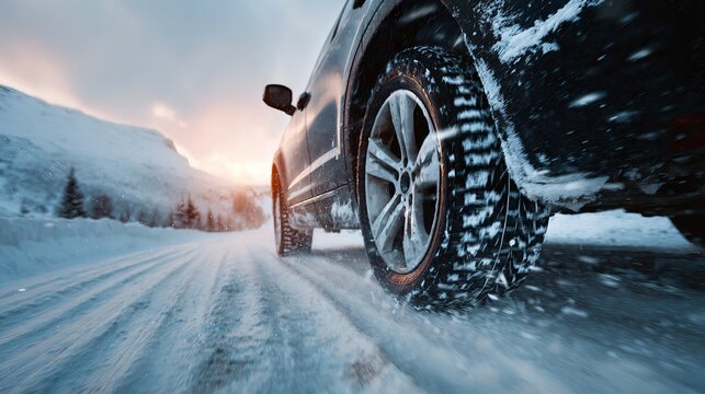 A powerful black suv drives along a snow-covered mountain road during a dramatic winter sunset, showcasing adventure and resilience
