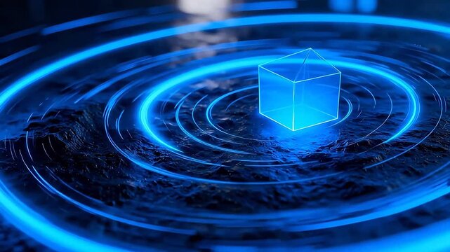 Blue glowing cube with concentric rings
