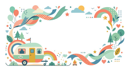 Fototapeta premium A whimsical flat vector illustration featuring a retro camper van surrounded by a colorful border of rainbows, ribbons, balloons, and nature elements.