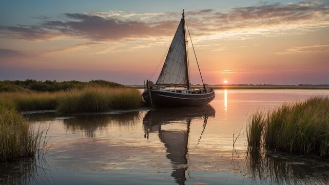 Tranquil sunset scene featuring a sailboat anchored in calm waters surrounded by lush marsh grasses
