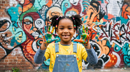 Fototapeta premium Street Art, Painted Hands, African american little child showing hands with paint wall with paintings Street art
