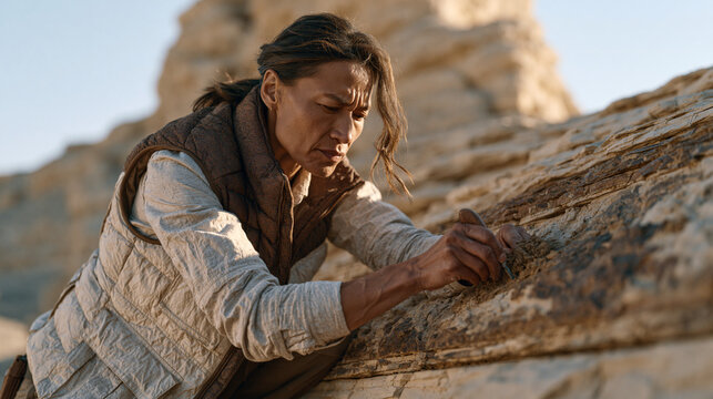 Kazakh geologist in field vest kneeling at exposed rock strata in desert canyon, brushing sediment from fossil layer with small tool, stratigraphic research, Central Asian