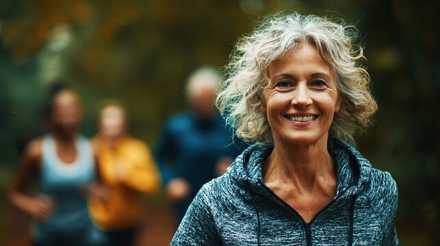 Active senior woman smiling confidently while jogging in a park with friends, embracing a healthy and joyful lifestyle