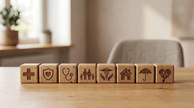 Health and life insurance icons on wooden blocks in bright room