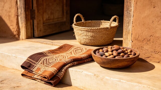 Mud cloth fabric with shea nuts and woven basket, West African craft and natural decor.