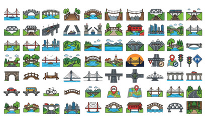 Cartoon Bridge Icons Collection Editable Stroke © Prodip