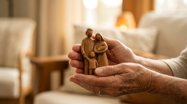 Senior Hands Holding Wooden Family Figurine