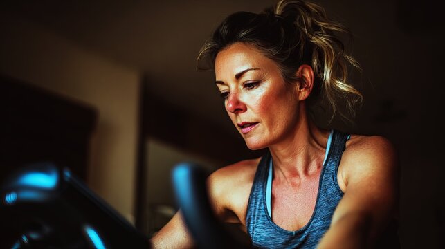 Focused woman intensely exercising on stationary bike in dimly lit home gym, promoting fitness and healthy lifestyle choices