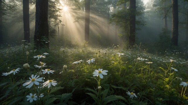 Sunlight streaming through a misty forest illuminating wildflowers in a serene natural setting