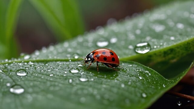 Close-up of a vibrant ladybug resting on a green leaf adorned with raindrops in a natural setting