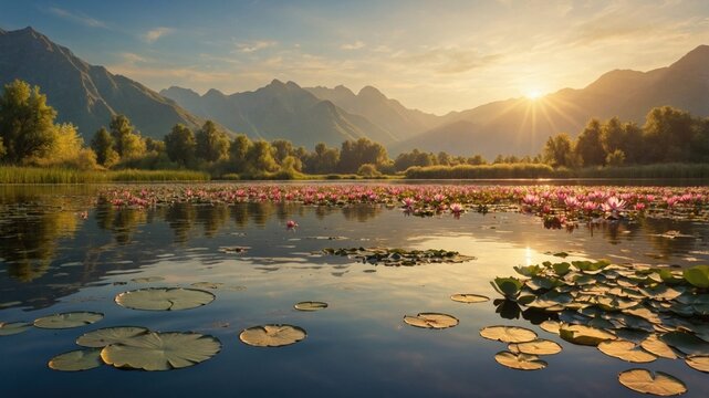 Serene sunrise over a tranquil lake adorned with blooming water lilies and majestic mountains