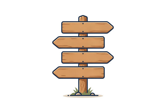 Wooden directional signpost cartoon four blank arrow signs, rustic wood post crossroad decision guide illustration
