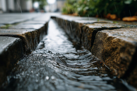 Rainwater rushing through an old stone street gutter channel during heavy rain, ripples and drops visible, wet cobblestone street in blurred background, cold moody atmosphere