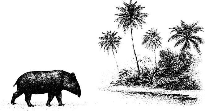 Black and white stippled tapir walking near a riverbank with palm grove and rainforest vegetation for landscape poster and nature design