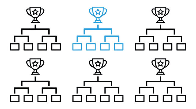 Tournament bracket icons with trophy symbols, outline and progressive fill variations representing competition stages, playoffs, and modern minimalist vector graphics for sporting events and gaming.
