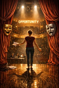 A woman stands in front of a theatre stage, ready for performance