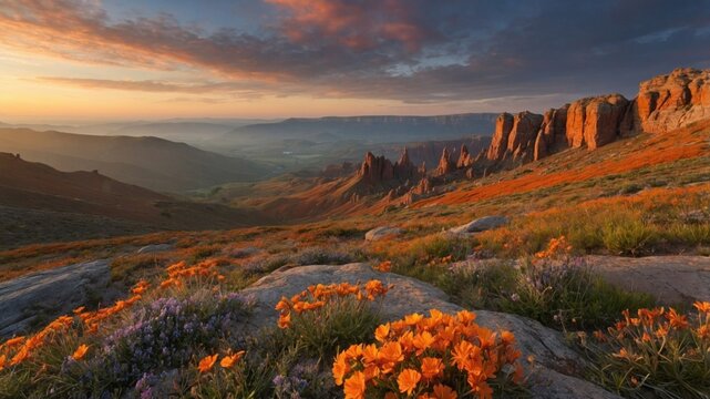 Breathtaking sunset over a valley adorned with vibrant wildflowers and rocky formations in the background