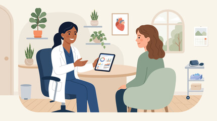 Fototapeta premium Doctor consulting patient, showing tablet with health data, medical check-up