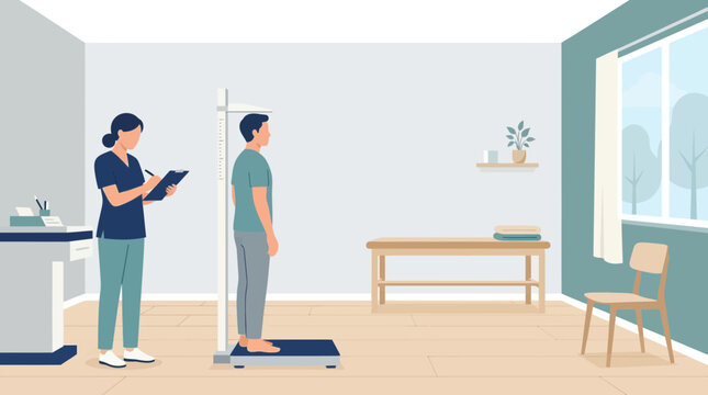 Doctor measuring patient's height and weight in medical room with examination table