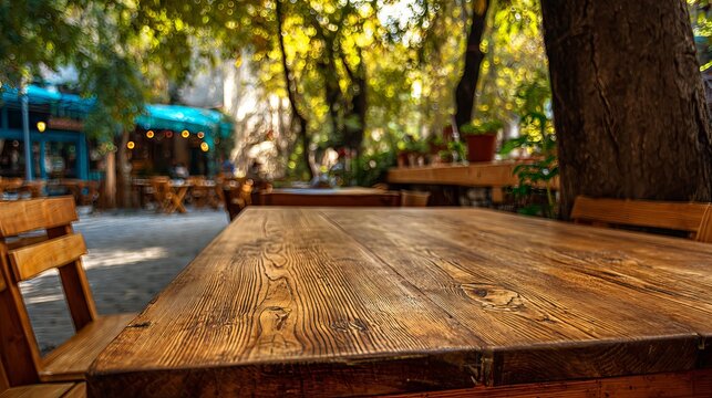 A rustic wooden table sits invitingly in a charming outdoor cafe, bathed in soft sunlight filtering through autumn foliage.