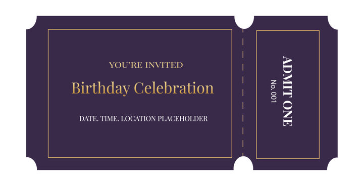 Birthday invitation template on a whait background. Vector blue and gold single-entry ticket.