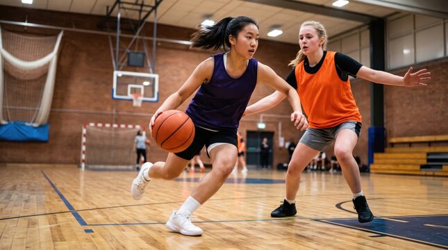 Basketball players dribbling ball on indoor court. Asian woman and caucasian woman practicing intense match. Active lifestyle, professional sport competition, teamwork and physical training.
