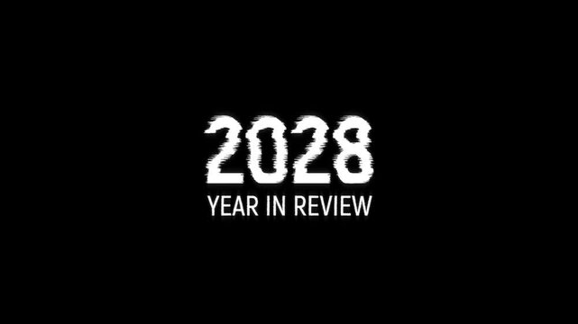 2028 year in review text glitch animation black background. recap rewind end video 2028 year in review for annual busines