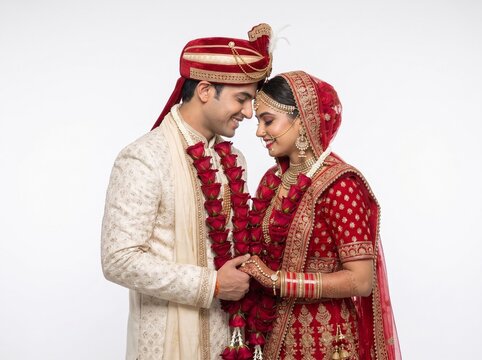 Indian Bride and Groom Touching Foreheads in Romantic Wedding Portrait Isolated on White Background