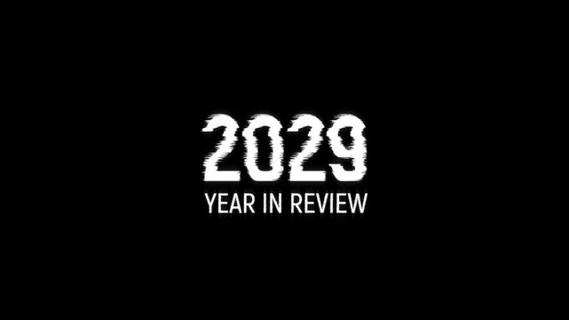 2029 year in review text glitch animation black background. recap rewind end video 2029 year in review for annual busines